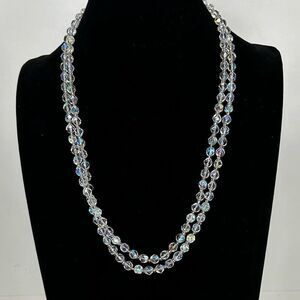 Vtg AB Aurora Borealis Beaded Necklace 48" Clear Single Strand Faceted Beads